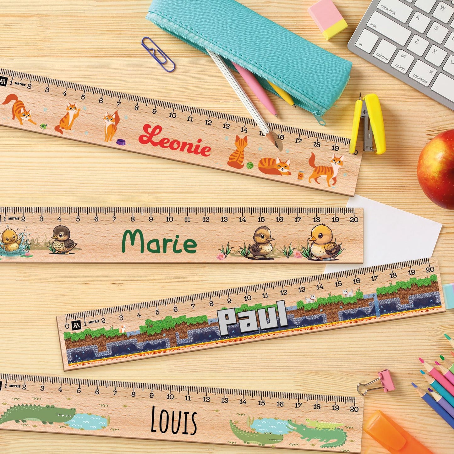 ENGRAVING LINE Personalized ruler for the first day of school in various designs with name & motif - 20 cm wooden ruler - Gift for the start of school or introduction to school - 2 piece set