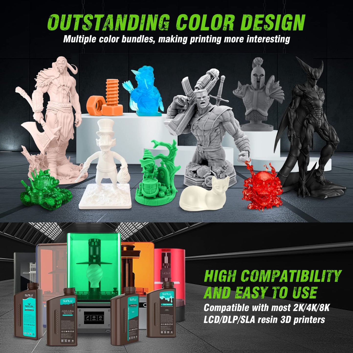 SUNLU Nylon-like 3D printing resin, high strength and durable photopolymer resin for LCD/DLP/SLA printers, 395-405nm UV curing, great for functional parts, prototypes, 1000G Grey.