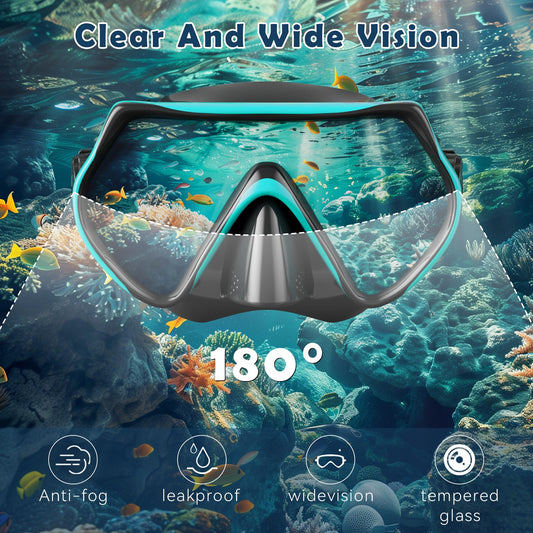 Adult Diving Mask, 180° Wide Angle Anti-Fog Dive Mask with Adjustable Silicone Strap, Snorkel Mask with HD Tempered Glass for Diving, Snorkeling, and Swimming 14+ (Green)