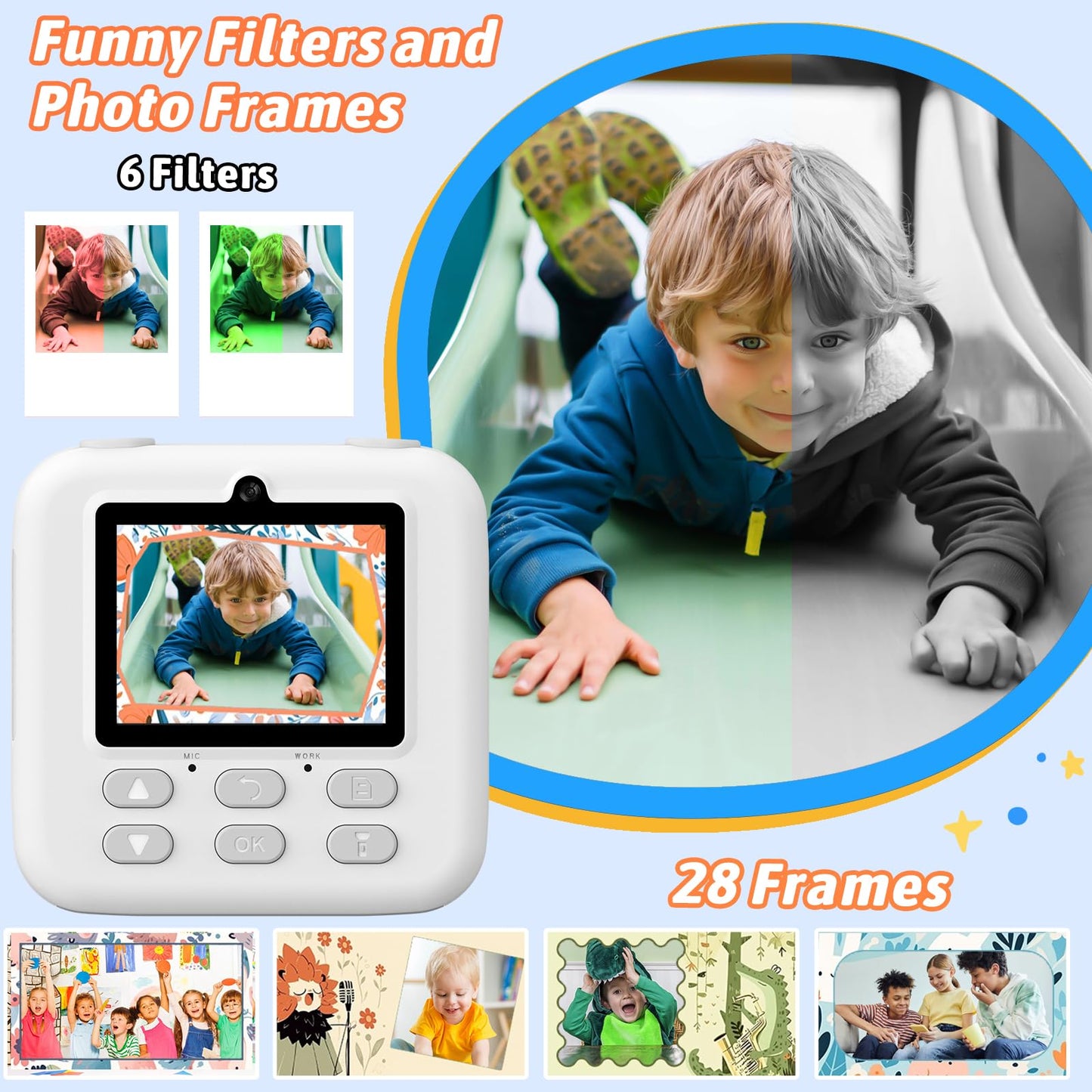 Upgrade kids camera instant print for boys and girls, 1080P HD dual-lens selfie digital camera with printing paper & 32G card, Christmas birthday gifts toy for toddlers and teens.
