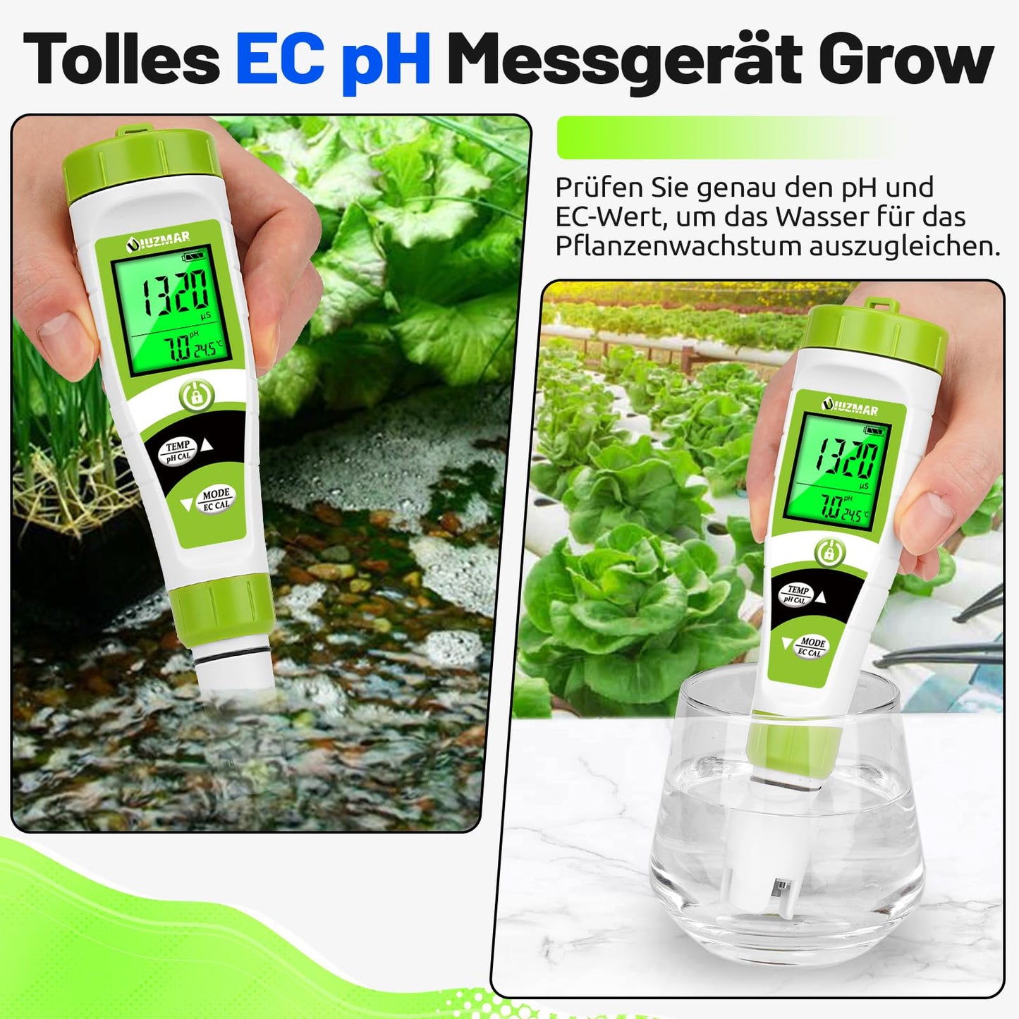 UIUZMAR Pool pH Meter Water, pH EC Meter Grow, Digital pH EC PPM Temperature Tester with pH 7.0 Calibration Solution for Pool, Hot Tub, Hydroponics, Drinking Water, Aquarium, Beer Making