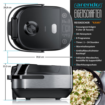 Arendo - Rice Cooker Multicooker Digital and Steamer 4L - 3D Heating System - 8 Programs - Keep Warm Function - Timer - Non-Stick Coating - including Steaming Insert, Measuring Cup, Rice Scoop, Black