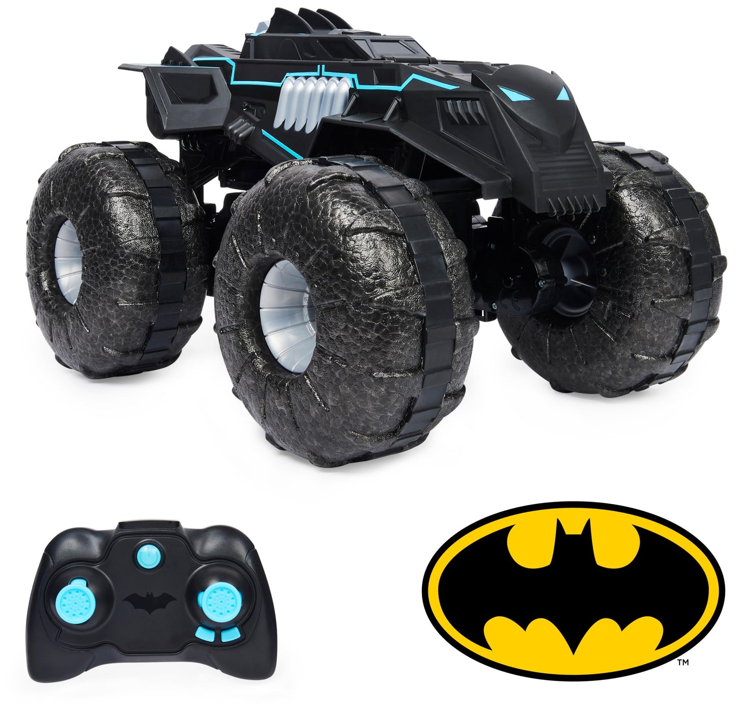 DC Batman All-Terrain Batmobile, remote-controlled amphibious vehicle for land and water with room for 1x 10cm Batman action figure.