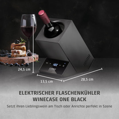 CASO WineCase One Black - Design wine cooler for one bottle, temperature range of 5-18°C, for bottles up to 9 cm Ø, sensor touch operation, black stainless steel casing.