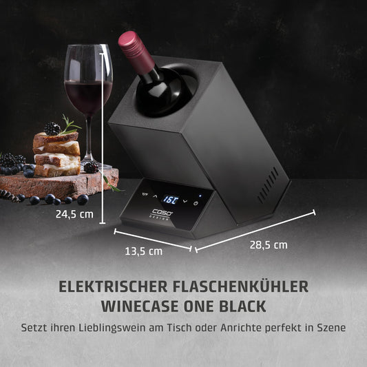 CASO WineCase One Black - Design wine cooler for one bottle, temperature range of 5-18°C, for bottles up to 9 cm Ø, sensor touch operation, black stainless steel casing.