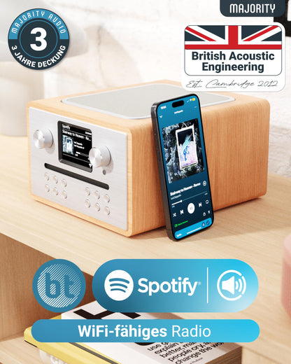 Internet radio with CD player & DAB Plus | Kitchen radio with Bluetooth & FM Radio | Digital radio with Spotify Connect, Podcasts | EQ, color display, includes remote control | MAJORITY Homerton (Oak)