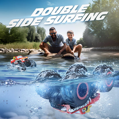 DEERC Amphibious Remote Control Car 1:16, 4WD Off-Road Monster Trucks in Fire Dragon Design with 2 batteries for land and water, 360 degree rotation, perfect gift for kids aged 6,7,8,9,10+ years.