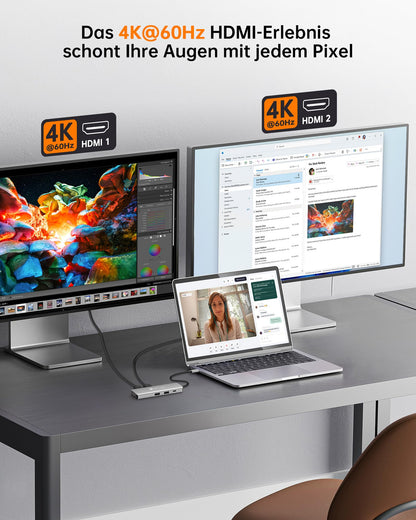 NOVOO Docking Station USB C Dual HDMI 8 in 1 USB C Hub with 4K@120Hz DisplayPort, 2 HDMI 4K@60Hz, VGA, 2 USB-A + 1 USB-C data ports, PD 100W laptop adapter 4 monitors for iPhone 15/MacBook/Dell/Lenovo/Surface