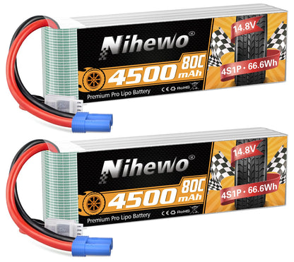 2 packs of 4S Lipo battery, Nihewo RC battery 14.8V 4500mAh 80C with EC5 plug. Compatible with 1/6 1/8 scale RC cars, trucks, planes, helicopters, boats, and tanks.