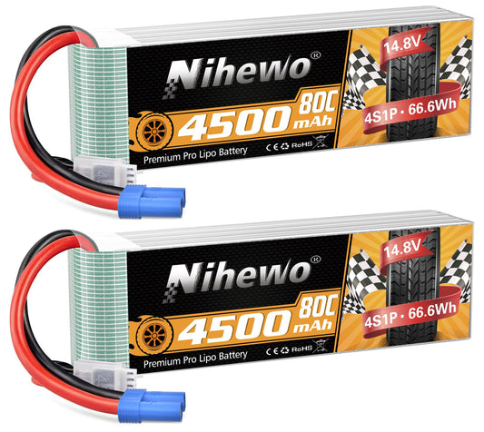 2 packs of 4S Lipo battery, Nihewo RC battery 14.8V 4500mAh 80C with EC5 plug. Compatible with 1/6 1/8 scale RC cars, trucks, planes, helicopters, boats, and tanks.
