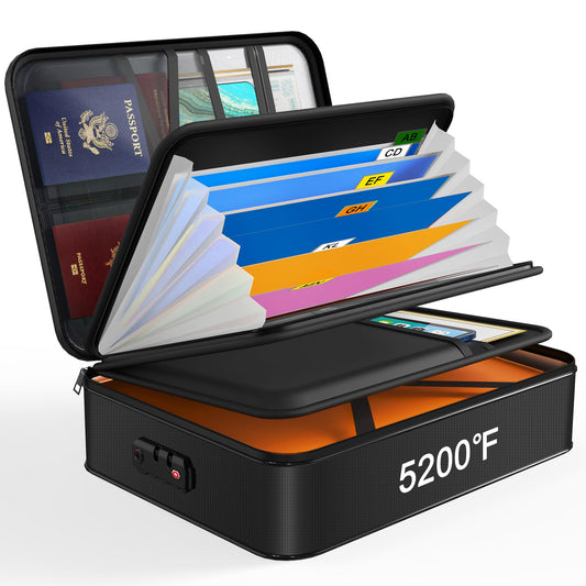 Noiposi Fireproof Document Bag UL94-V0 Certified, 5200℉, 38cm x 28cm x 11cm. Fireproof and waterproof with 7 compartments. Lightweight document folder with TSA customs password lock.