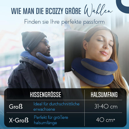 BCOZZY Neck Pillow for Airplane - Patented travel pillow with dual support for head, neck, and chin. Perfect for long flights and car rides. Adjustable. Washable. Includes carrying case. XL, Blue.