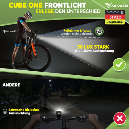 MIVELO Cube ONE front bicycle light approved according to StVZO regulations bike front light USB rechargeable & 100% waterproof LED bike light front, bike lamp