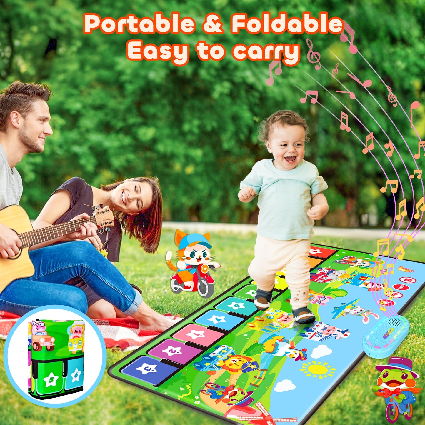 MOMUSE Baby Toy for 1+ year olds with 80 sounds, Large music mat featuring 10 animals & 10 vehicles, Piano mat with soft lights, 10+ volume levels, Gifts for boys girls 1 2 3 (110cm*45cm)