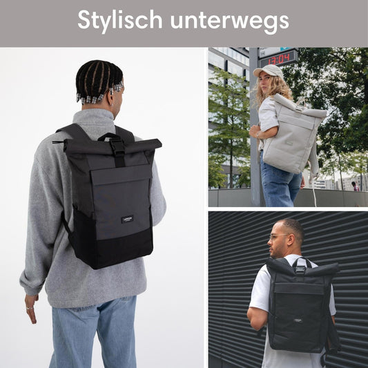 LARKSON Backpack Men & Women Black Grey - No 4 - Rolltop Backpack with Laptop Compartment for College, Work & Bike - Large Travel Backpack - Water-Resistant