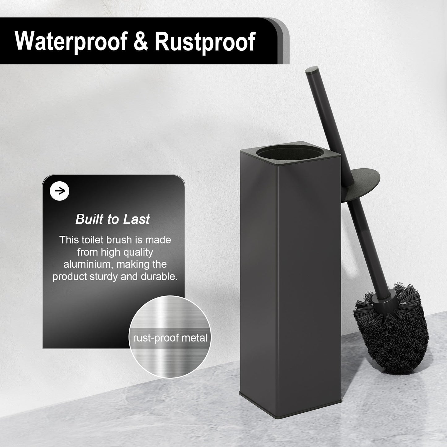 BVL WC Brushes & Holder Black, 2 Piece Metal Toilet Brush Including 4 Brush Heads, Free-standing Square Silicone Toilet Brush for the Bathroom