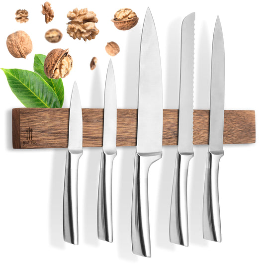 Magnetic Wooden Knife Strip - Self-Adhesive without Drilling - XL Magnet Strip Holds up to 10 Knives - 43x6.2cm - [SUPER SECURE] - Walnut Magnetic Knife Holder for Kitchen - Magnet Knife Rack