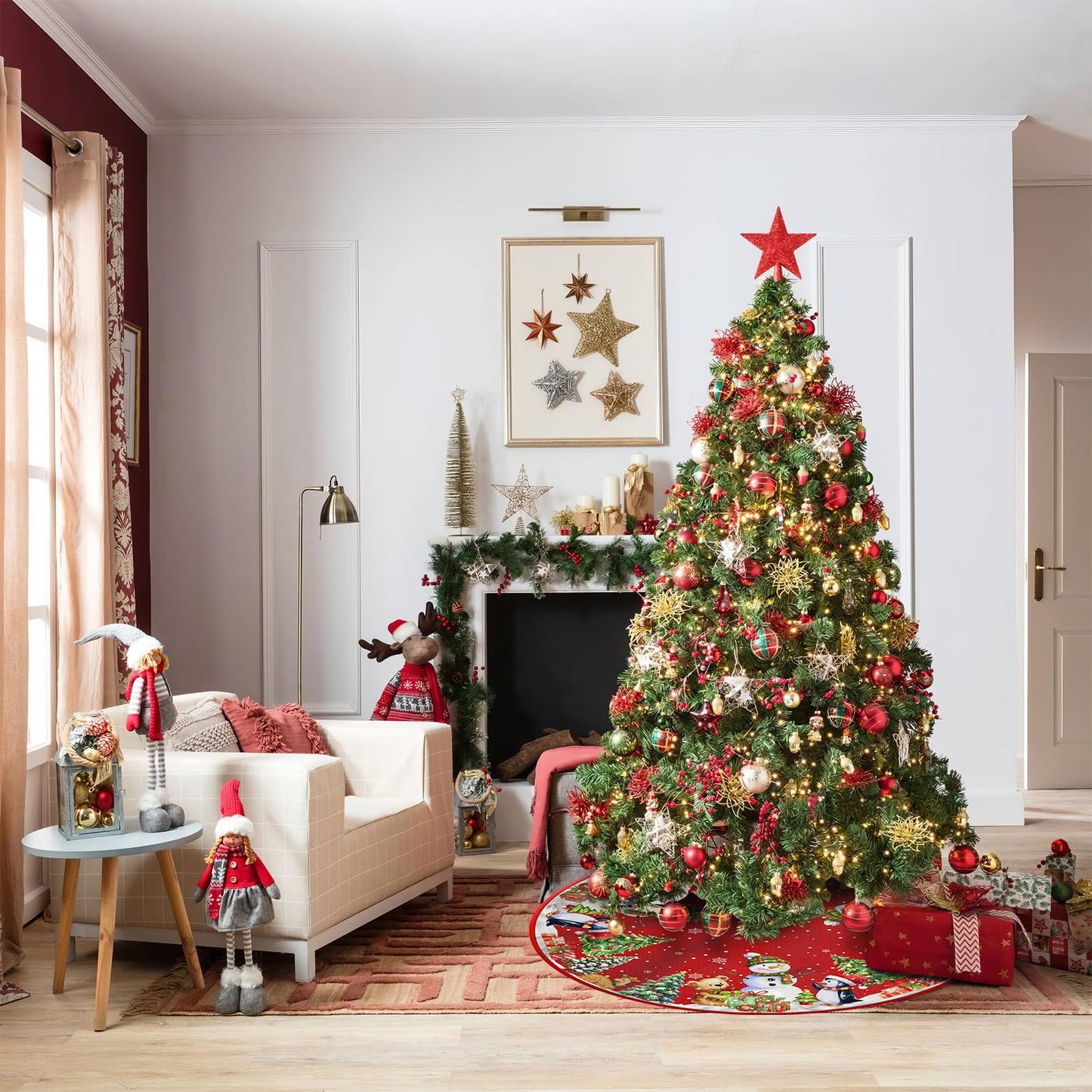 Christmas Tree Skirt, 122cm Christmas Tree Decorations Snowflakes Reindeer Christmas Tree Mat large Christmas Tree Base Covers for New Year Party Christmas Decorations