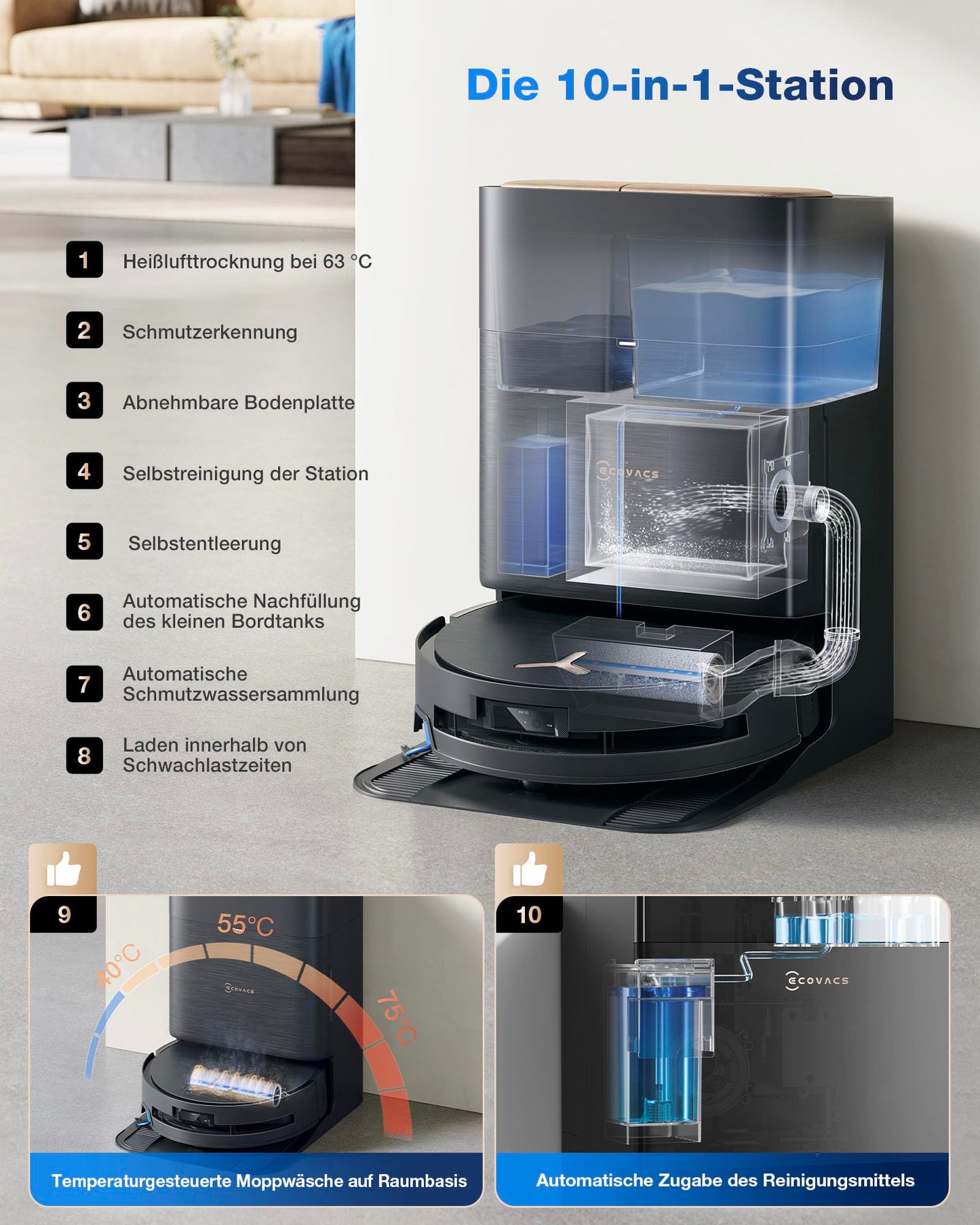 ECOVACS DEEBOT X9 PRO is a robot vacuum cleaner with mopping function, 16,600 Pa suction power, OZMO Roller, ZeroTangle 3.0, TruEdge 2.0, hot water mopping, hot air drying, All-in-One Omni Station, and YIKO-GPT.