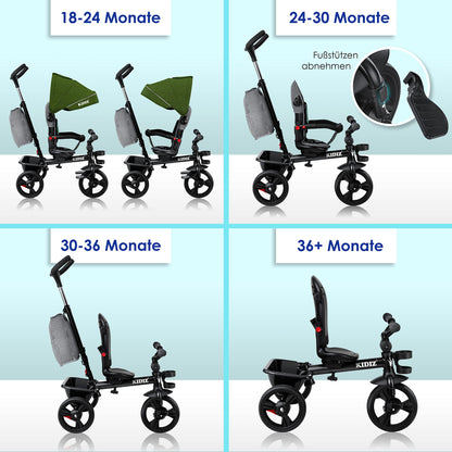 KIDIZ® 6in1 tricycle for kids with handlebar, suitable from 9 months up to 25kg. Jogger with forward & reverse drive, basket, bag, cup holder, sun canopy, rubber wheels. Foldable in khaki color.