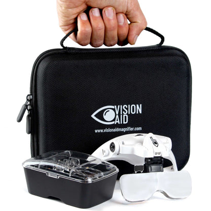 Vision Aid magnifying glass with LED light 5 lenses headband protective storage case glasses magnifier hands-free illuminated head-mounted magnifier for hobby crafting macular degeneration painting eyeglass wearers close work