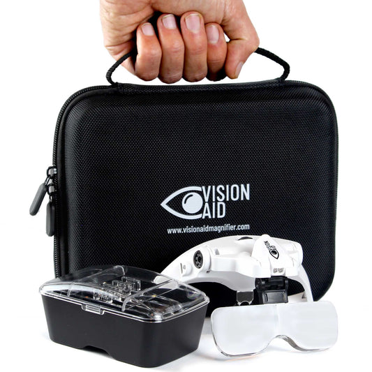 Vision Aid magnifying glass with LED light 5 lenses headband protective storage case glasses magnifier hands-free illuminated head-mounted magnifier for hobby crafting macular degeneration painting eyeglass wearers close work
