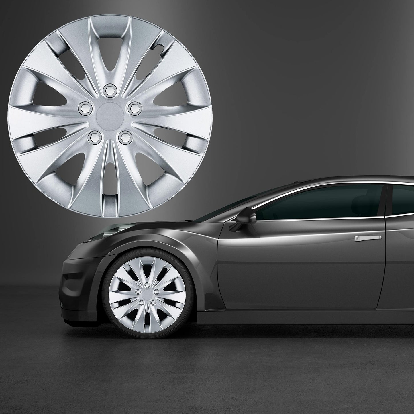 15-inch wheel caps - Silver hubcaps 4-piece set of 13-16 inches - Stormer wheel trims for steel rims - Decorative caps in black or silver - Wheel covers for car wheels