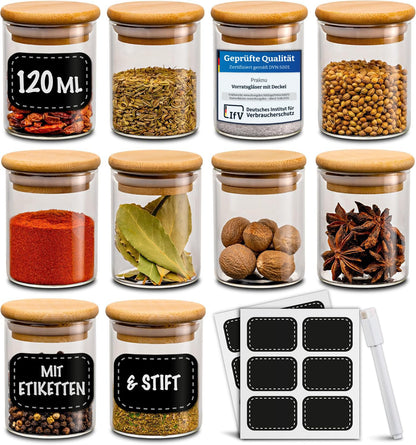 Praknu Spice Jars 120ml - 10 Piece Spice Jar Organizer with Spice Labels - Airtight - Dishwasher Safe - Kitchen Organization - for Spices, Herbs & Tea