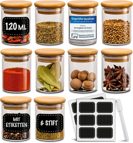 Praknu Spice Jars 120ml - 10 Piece Spice Jar Organizer with Spice Labels - Airtight - Dishwasher Safe - Kitchen Organization - for Spices, Herbs & Tea