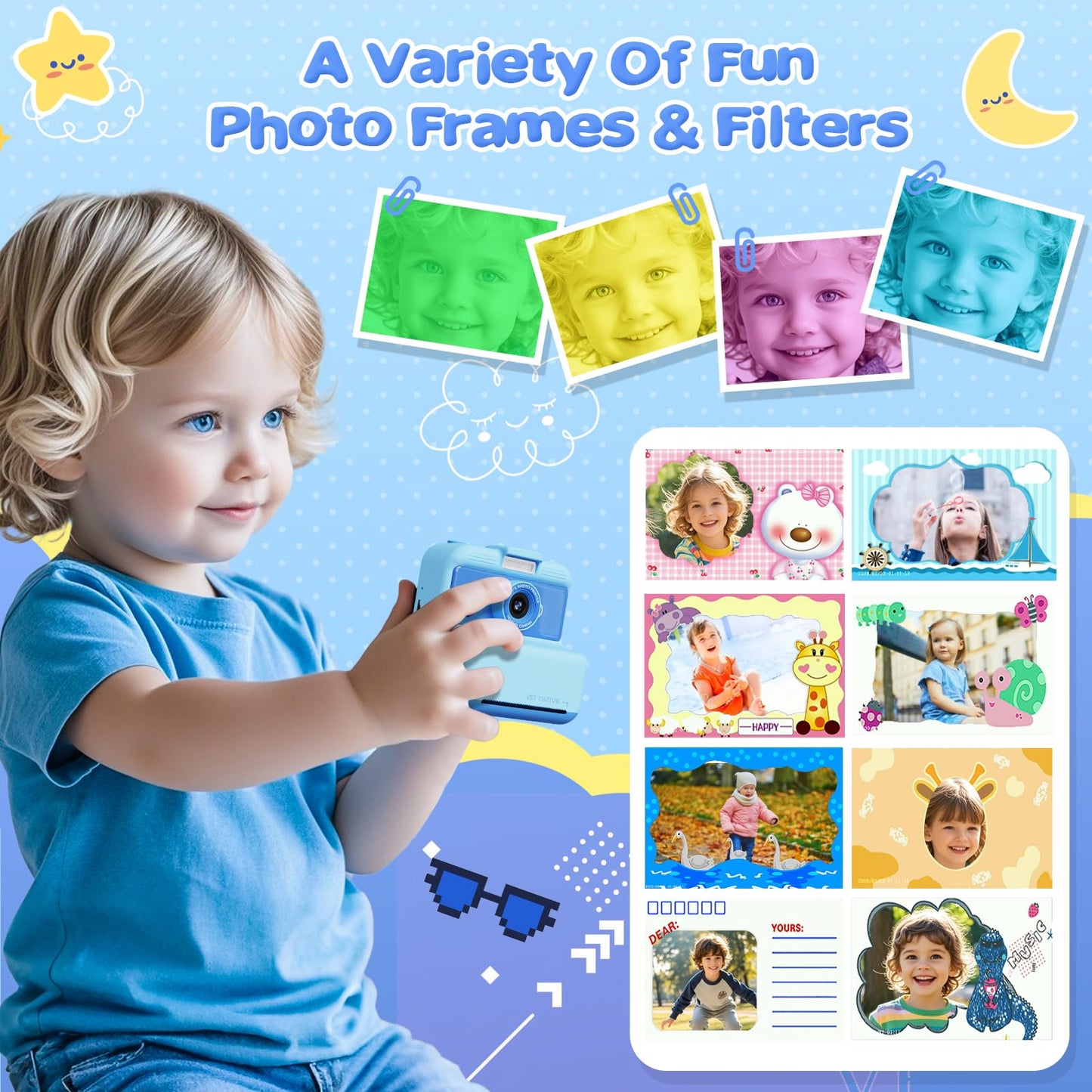 CAMCLID instant camera for kids, 3.0 inch screen children's camera instant camera, 48MP/2.5K UHD children's camera instant print with 32GB card, toy gift for boys and girls 3-12 years old (blue)