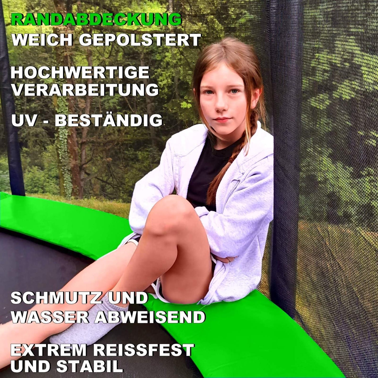 Baunsal® Trampoline Padding Ø 244 cm with 30 cm width in light green-black, 20 mm thick, UV-resistant, tear-resistant. Replacement parts for outdoor trampolines.