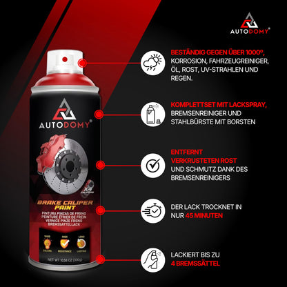 AUTODOMY Brake Caliper Paint Set Spray Coating for Caliper 400ml with High Temperature Resistance | Brake Caliper Paint Red + Brake Cleaner + Steel Brush for Caliper of Car and Motorcycle