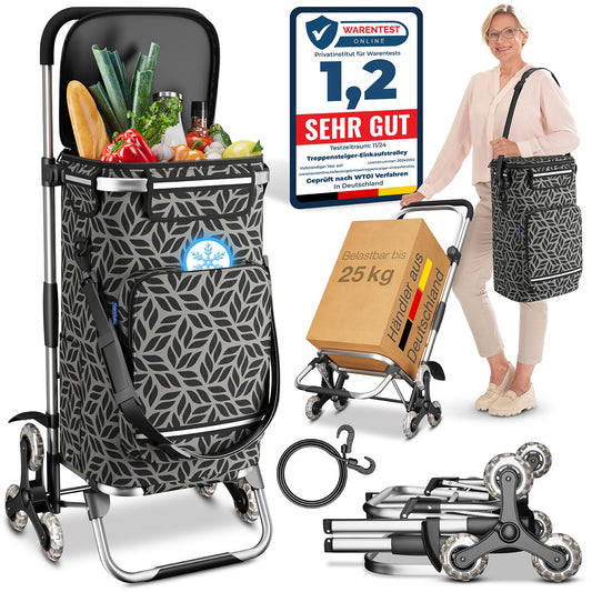 ELONEO Shopping Trolley with cooler compartment, foldable shopping cart for stairs, height adjustable, with reflectors, removable 43 L bag, stair climber (Grey)