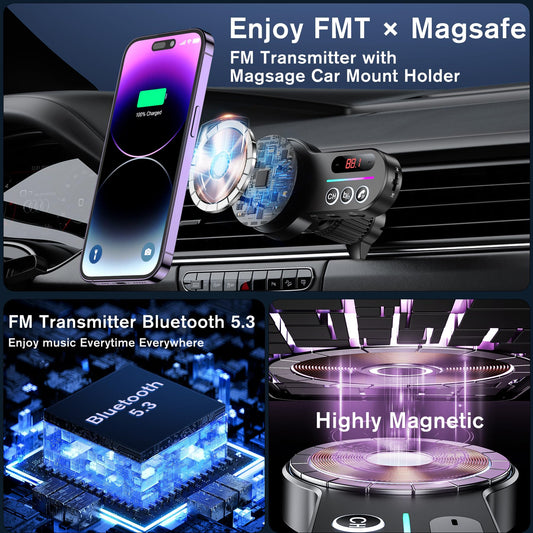 Gift for MagSafe Car Bluetooth Transmitter Mount, Black 20X Powerful Magnetic Phone Holder for iPhone, Bluetooth Car Adapter Hands Free, Easy to Install, 12 Months Warranty.