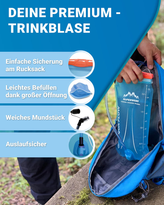 Alpenwert® Hydration Bladder with Hose [2L/3L Water Reservoir BPA FREE] Ultralight Hydration System for Backpack ideal for Outdoor, Running, Trailrunning (3 Liter)