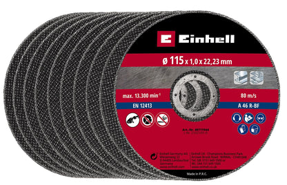 Original Einhell cutting disc set thin 115 x 1.0 mm (angle grinder accessory, 10 pcs., Ø 115 x 1.0 x 22.23 mm, max. 13,300 rpm, extra thin for minimal material loss)