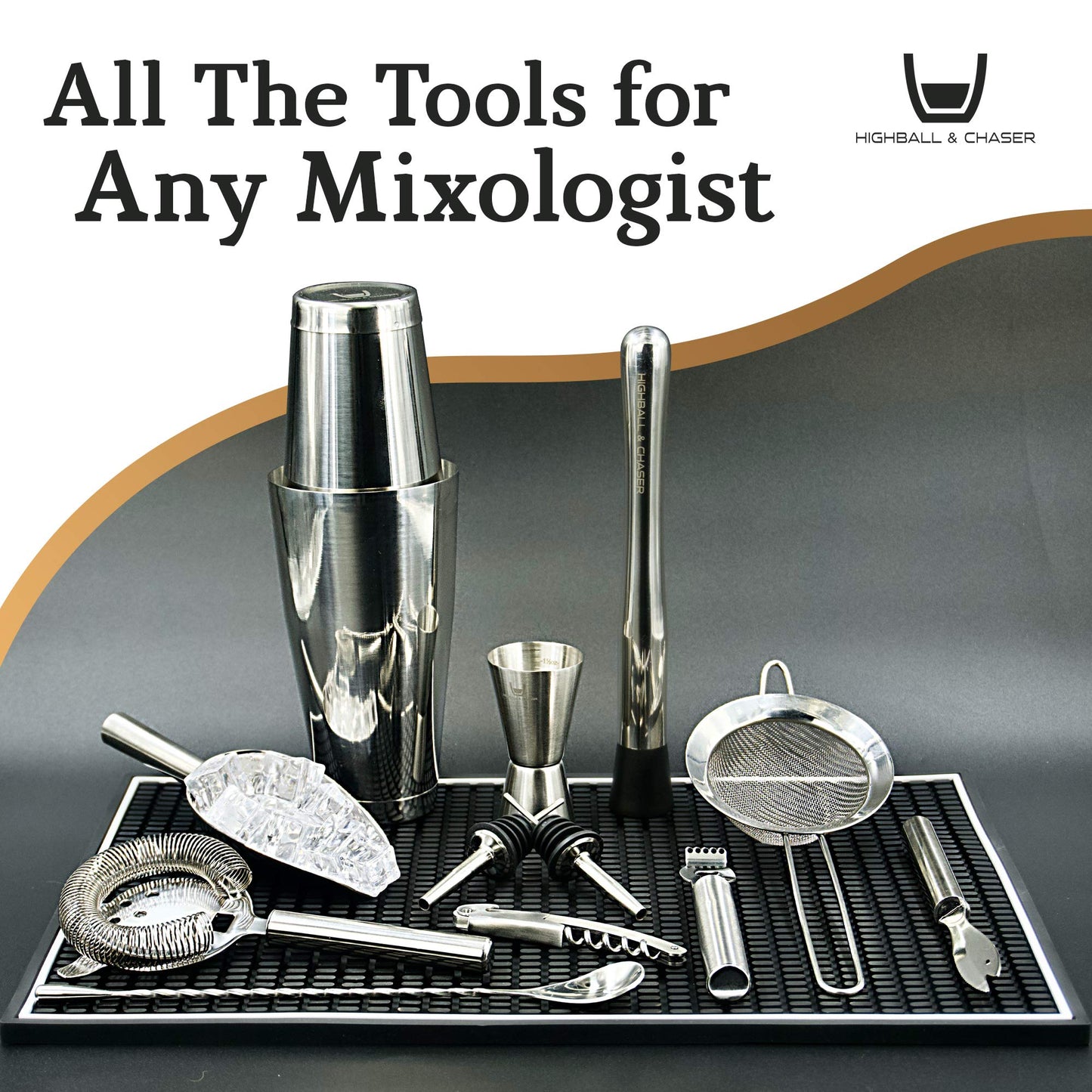 Highball & Chaser bartender kit cocktail shaker set with black stand and drink mixer set. Martini bar set with mixology bar tool set. Best bar accessories (silver) 2 oz.