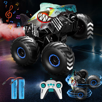 Remote control car, 1/16 monster truck with stomp and 360° rotation, Shark monster truck remote controlled with spray, lights, music, 15KM/H RC monster truck with 40MIN playtime, gift for 3 6 8 10 year old boys.