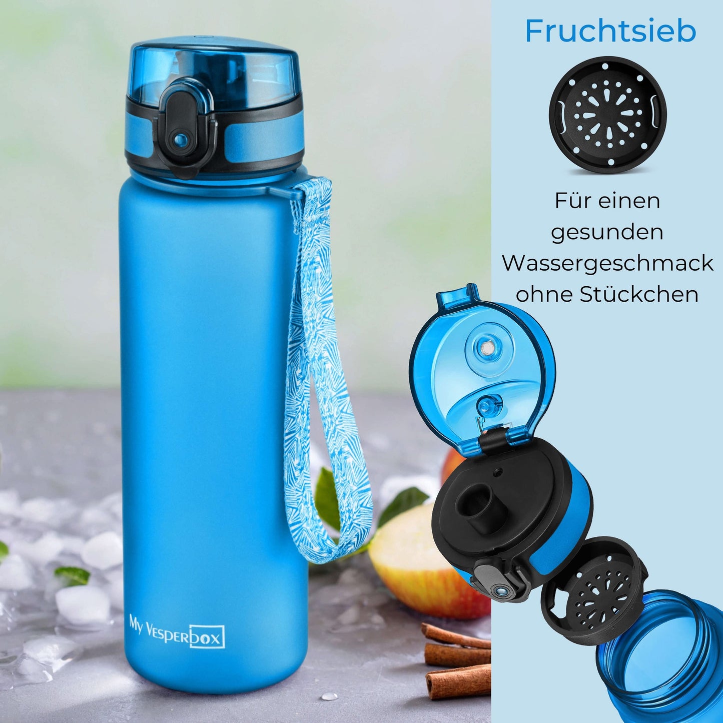 My Vesperbox - Minny - Kids Water Bottle - Personalized with your name - 500, 750, 1000ml incl. straw or sieve - BPA free - for kindergarten, school, sports, leisure (Blue 500ml)