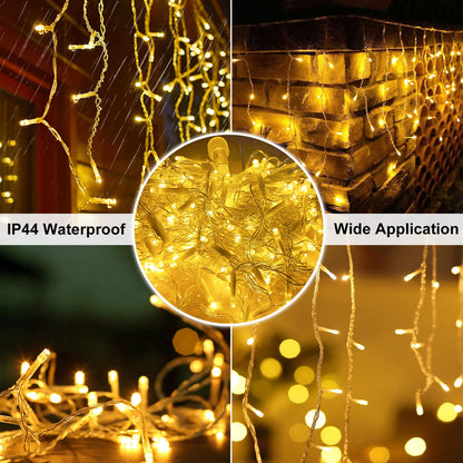 Ice rain fairy lights outdoor 10m 400LEDs light curtain fairy lights with timer + 8 modes + memory function + battery operated, icicle fairy lights decoration for Christmas, wedding, Halloween, warm white