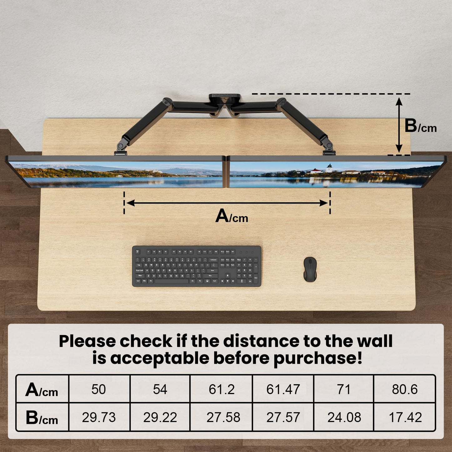 IMtKotW Monitor Wall Mount 2 Monitors for 17-32 inch Flat & Curved Screens, 9kg/arm, Ergonomically Height Adjustable tilt/swivel and rotate, VESA 75x75/100x100 Monitor Mount Wall