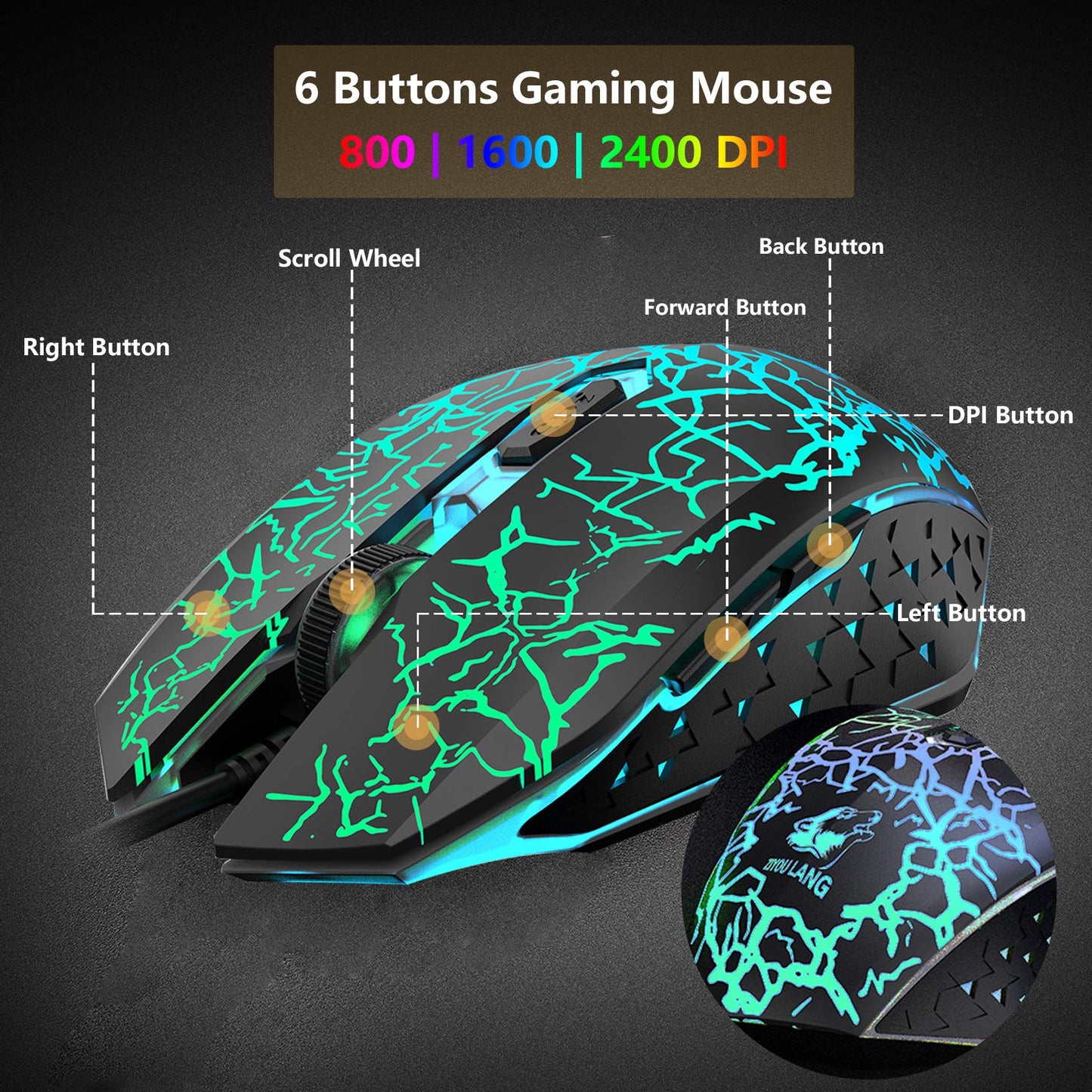 Gaming Keyboard and Mouse Set, QWERTZ German Layout Rainbow LED Backlight Ergonomic Keyboard 6 Buttons 2400 DPI Mouse and Mousepad, USB Wired, Compatible with PS4 Xbox, Black