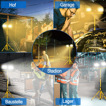 VA-Cerulean 2x 200W Warm White LED construction lights with tripod, floodlights for indoor and outdoor use with 3m power cable, IP66 waterproof work lights, yellow telescopic tripod, for construction sites, garage, garden.