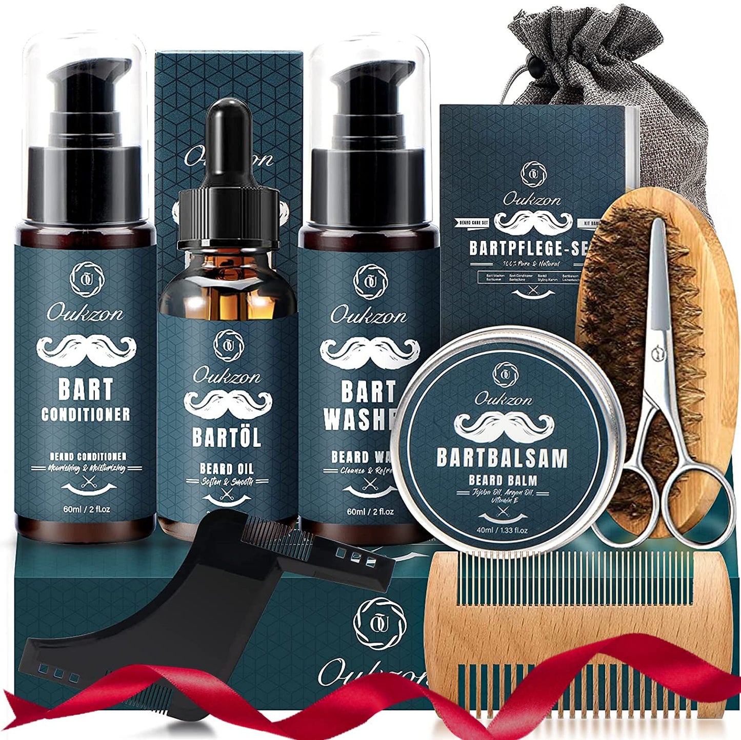 Beard grooming set for men, Oukzon 10 in 1 Premium Beard Gifts for Men - 60ML Beard Shampoo, 60ML Beard Conditioner, Beard Oil, Beard Balm, Beard Comb, Beard Brush, Beard Scissors, Beard Stencils, Travel Bag.