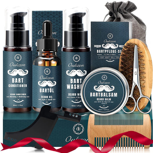 Beard grooming set for men, Oukzon 10 in 1 Premium Beard Gifts for Men - 60ML Beard Shampoo, 60ML Beard Conditioner, Beard Oil, Beard Balm, Beard Comb, Beard Brush, Beard Scissors, Beard Stencils, Travel Bag.