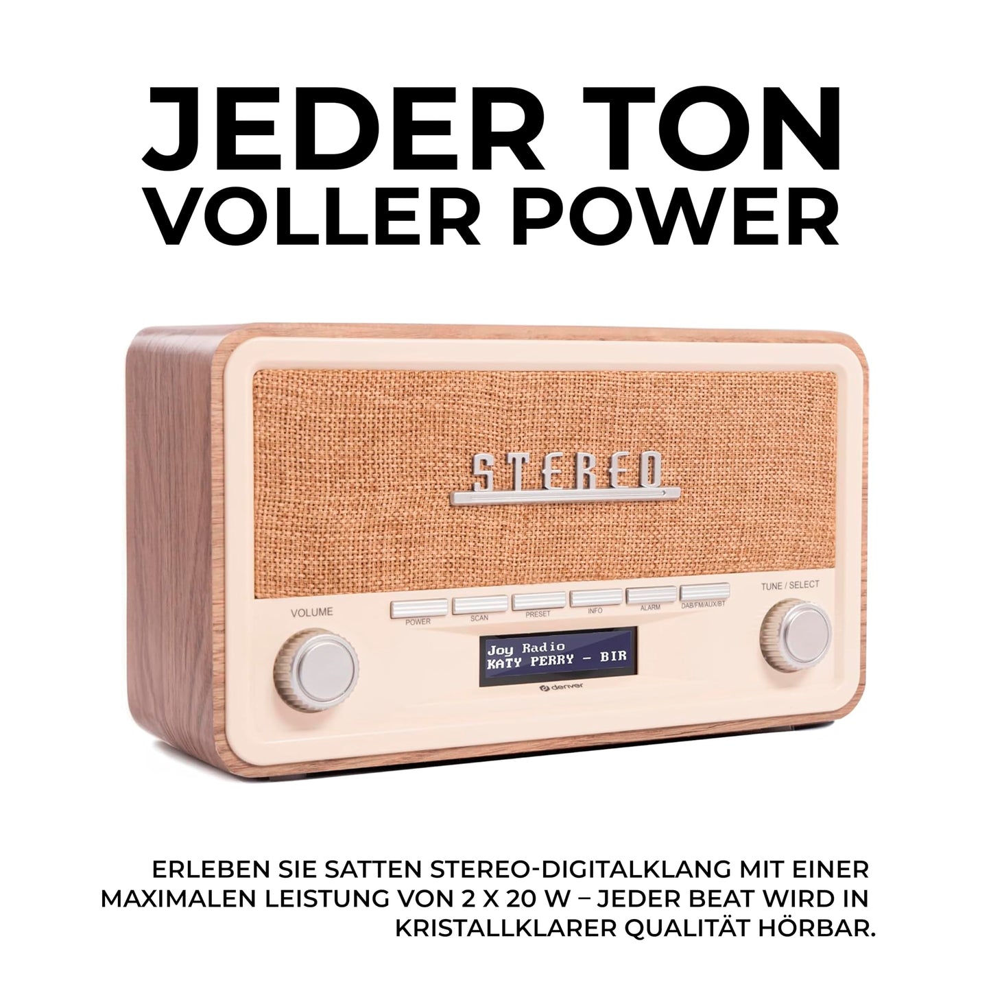Denver Retro DAB-18 Digital radio | DAB Plus radio with Bluetooth & FM | 2x20W stereo speakers | Small radio with power plug | Kitchen radio with good sound | LCD display & alarm function