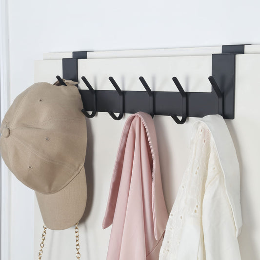 SKOLOO Door Hooks with 6 Hooks, Metal Over Door Hook Rack Inside - 2 Pack Coat Hooks for Towel Holder, Coats, Black