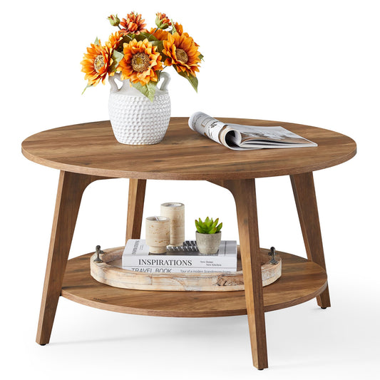 VASAGLE round coffee table, living room table with 2 levels, 80 cm diameter, 45 cm height, easy to assemble, honey brown LCT243K41