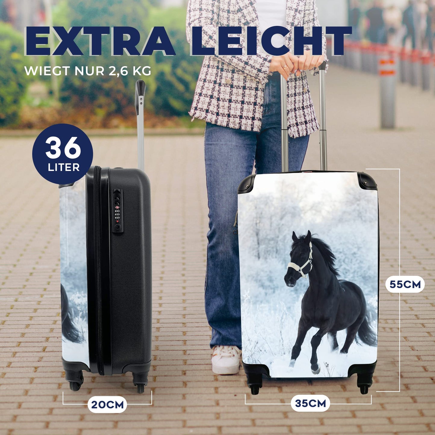 MuchoWow© suitcase carry-on trolley luggage with 4 wheels - horse - snow - forest - cabin size < 55x40x23 & 55x40x20 cm - photo case - cabin case - carry-on luggage