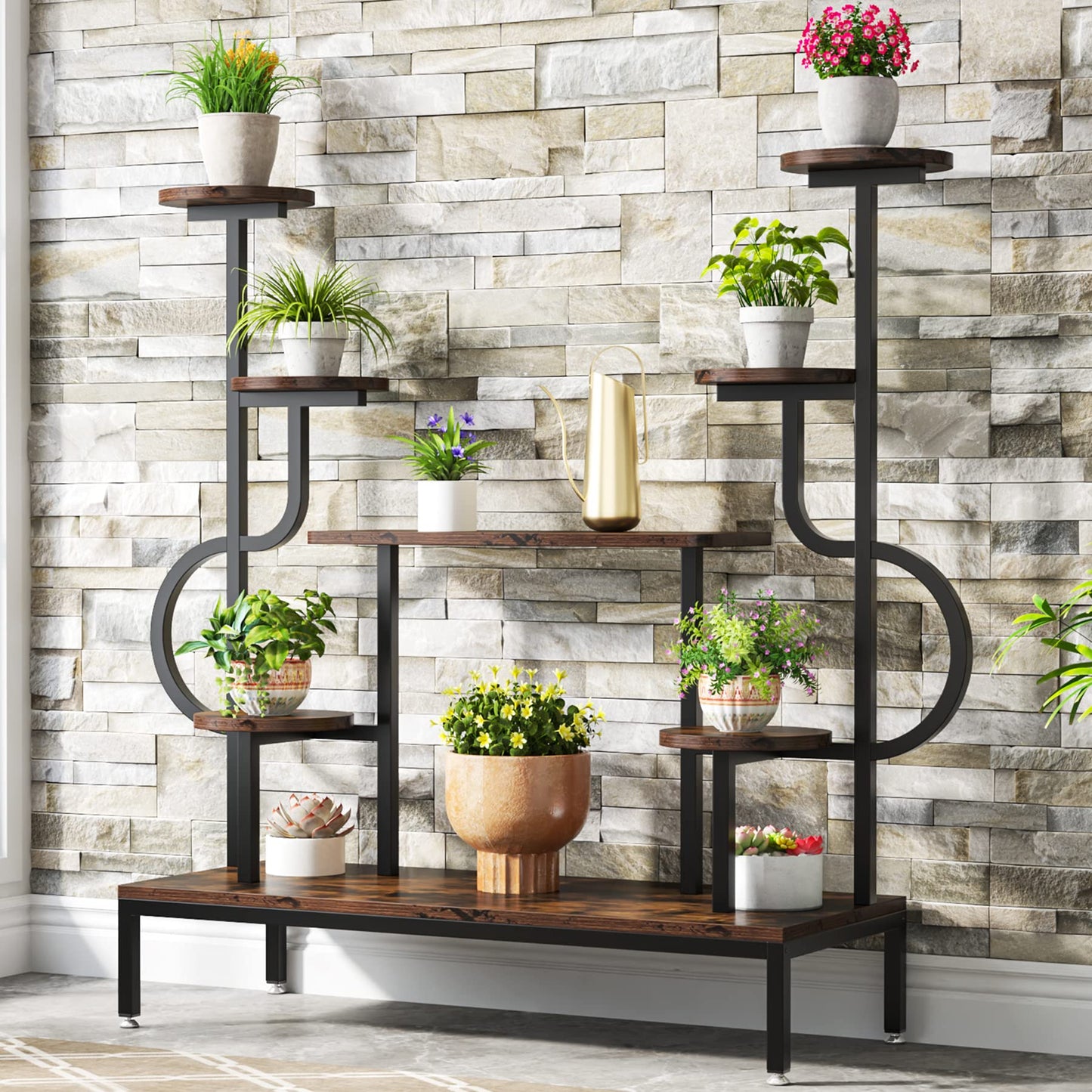 Tribesigns 5-tier metal plant stand for indoor and outdoor use. Multi-level flower stand flower ladder plant ladder wood pot holder for living room balcony (Rustic Brown)
